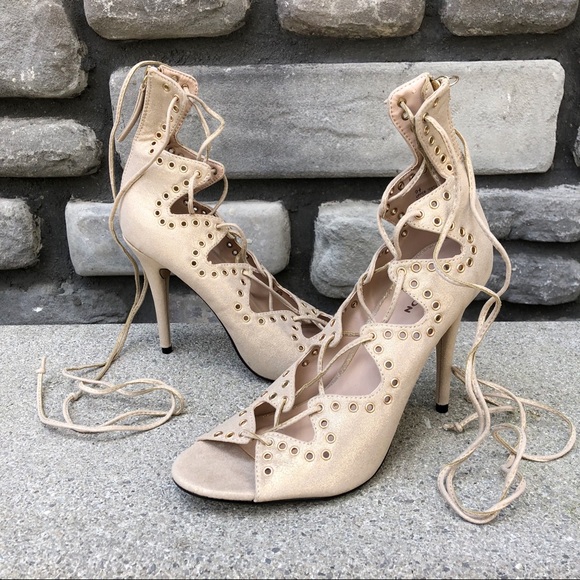 Z London Shoes - Lace Up Strappy Gold/Nude Stiletto Sandal NEW 9.5